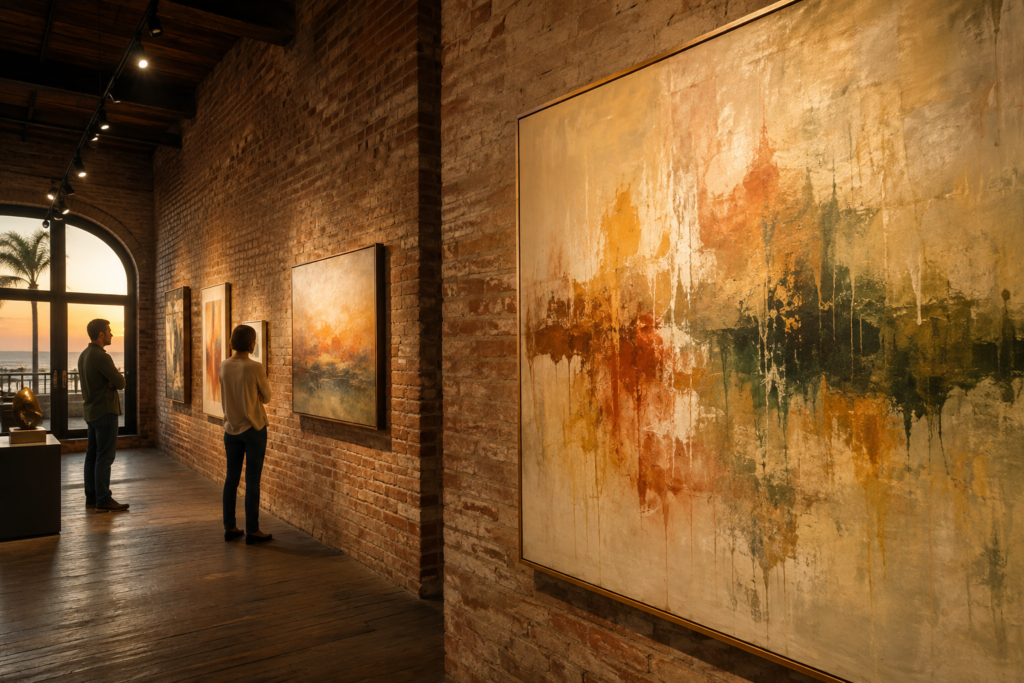 Visitors viewing original-looking abstract art in a brick-walled gallery