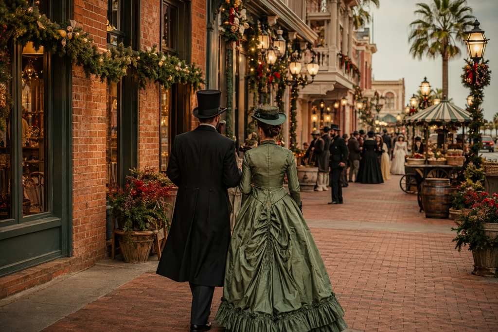 Victorian-inspired holiday visitors on a festive historic-style street