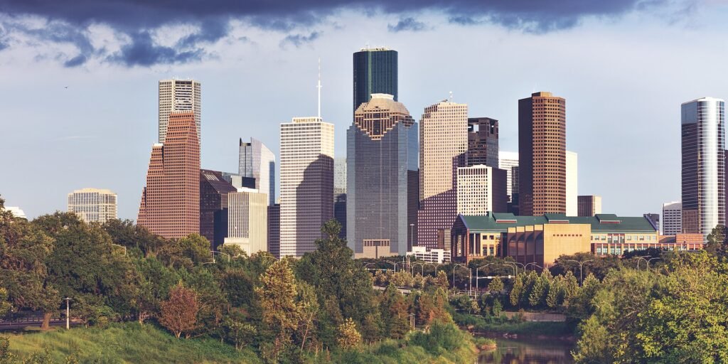 Downtown Houston skyline viewed across Buffalo Bayou, photographed in 2018.