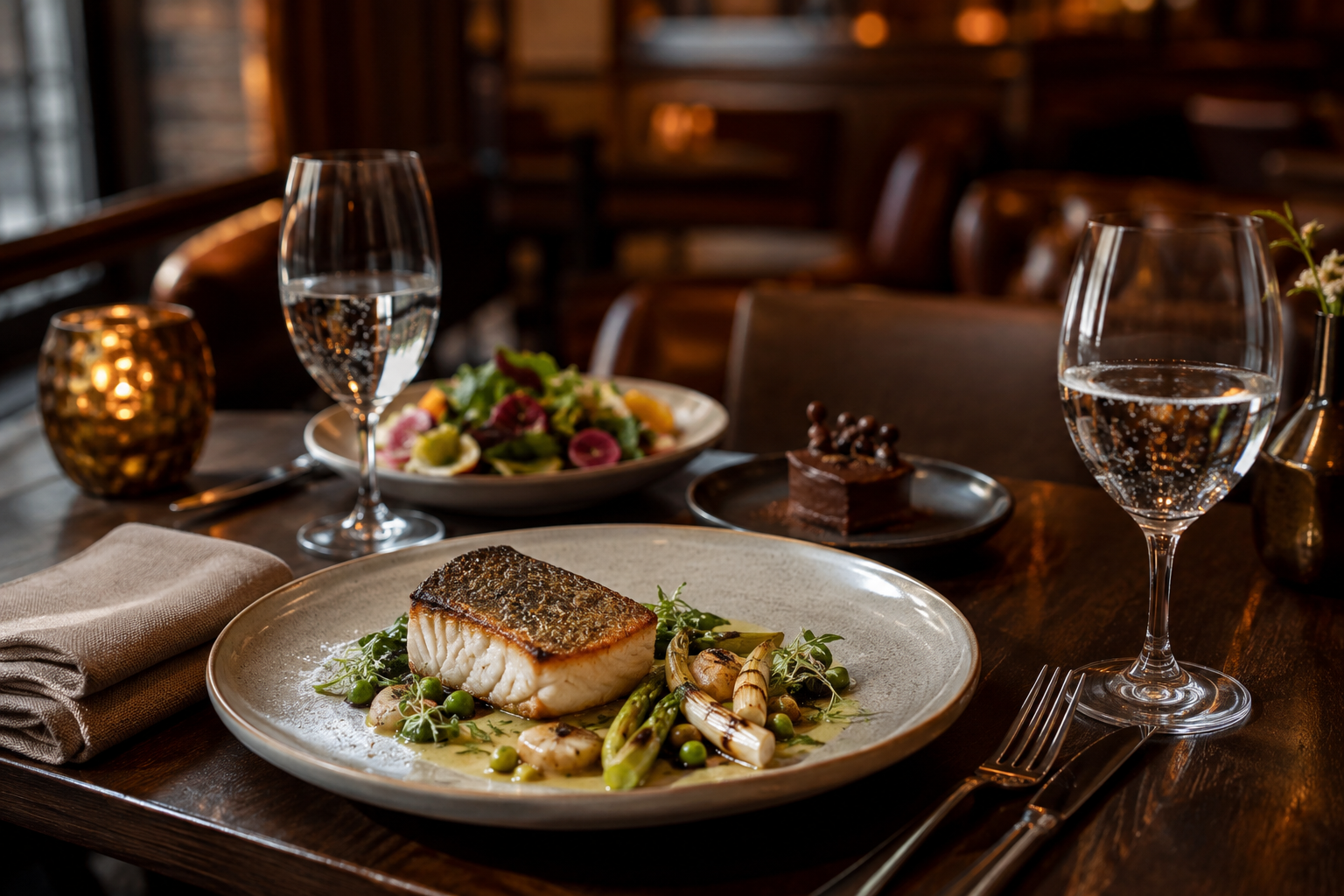 AI-generated illustration of a plated fish dinner, salad and dessert in a warmly lit restaurant.
