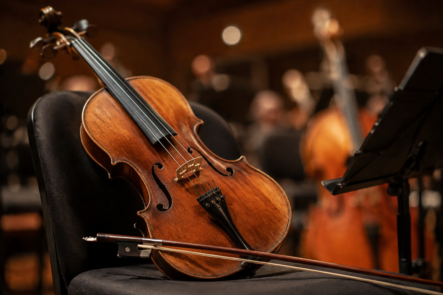 AI-generated illustration of a violin and bow beside an orchestral music stand under warm stage lighting.
