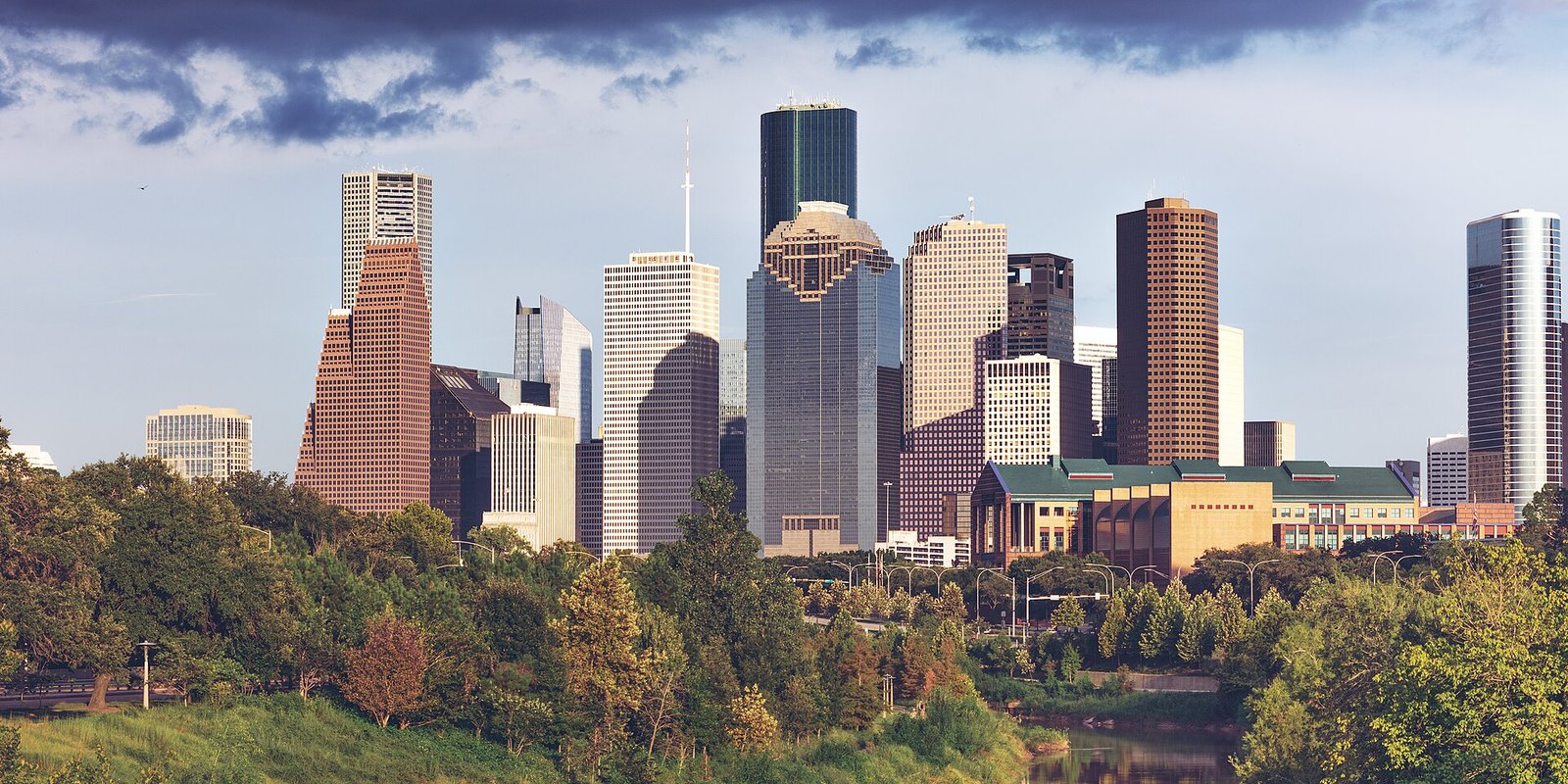 Downtown Houston skyline viewed across Buffalo Bayou, photographed in 2018.