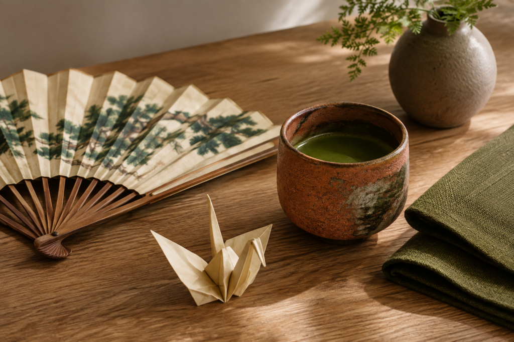 Japan Festival Houston guide: AI-generated still life of a folding fan, origami crane and matcha