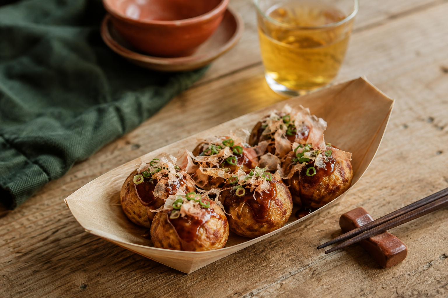 AI-generated editorial illustration of takoyaki and tea on an oak table