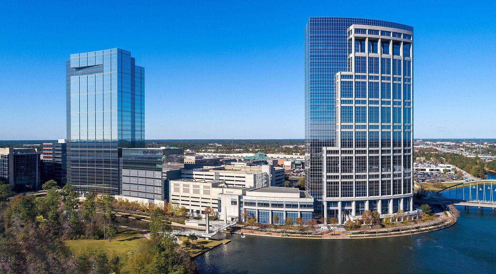 The Woodlands Towers beside The Waterway, photographed in 2019.