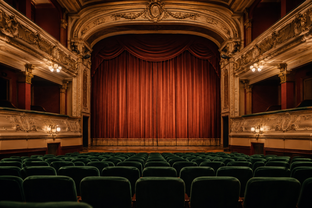 Ornate traditional theatre interior with green seats and a closed curtain